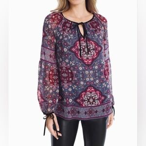 White House Black Market Boho Floral Print Purple Pink Tie Front Blouse Size 2